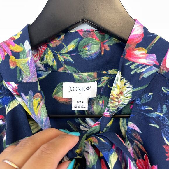 J.Crew XS Floral Tie-Neck Knee Length Dress Navy Blue Fit & Flare Dress - Picture 4 of 13